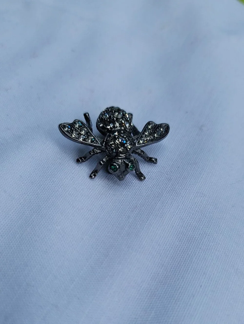 Vintage Joan Rivers Gunmetal Bee Brooch with Clear and Green Crystals